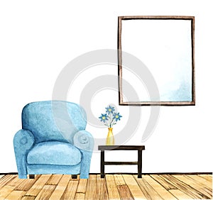Turquoise cozy armchair on rough wooden floor and coffee table with vase of flowers on it. Dark framed window with clear