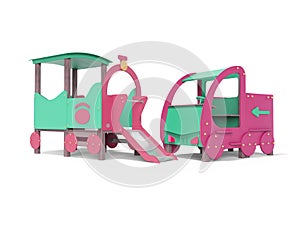 Turquoise crimson car and train playground for children with slide view of perspective 3d render on white background with shadow