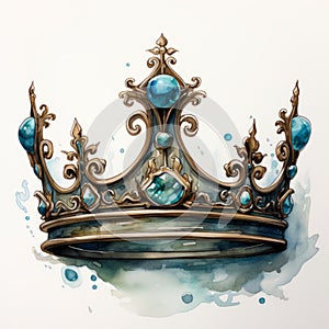 Turquoise Crown Watercolor Illustration With Blue Gems