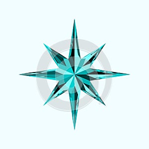 Turquoise Crystal Eight Pointed Star. Beautiful blue geo sign icon, wind rose, Christmas Star. Decor for Greeting Cards, Christmas