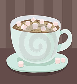 Turquoise cup with saucer, hot coffee or chocolate with a small marshmallow. Vector illustration on a dark background