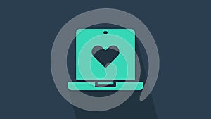 Turquoise Dating app online laptop concept icon isolated on blue background. Female male profile flat design. Couple