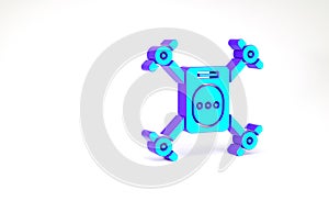 Turquoise Drone flying with action video camera icon isolated on white background. Quadrocopter with video and photo