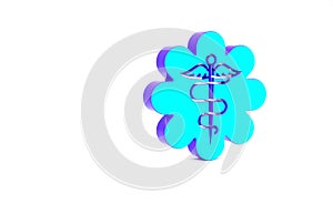 Turquoise Emergency star - medical symbol Caduceus snake with stick icon isolated on white background. Star of Life