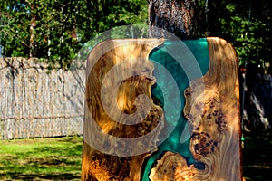 turquoise epoxy resin panel with walnut, texture for design