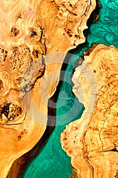 turquoise epoxy resin panel with walnut, texture for design