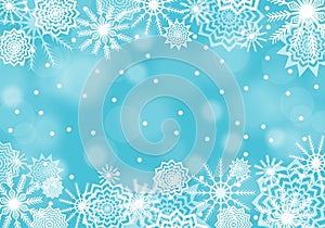 Turquoise falling snow background with flares and sparkles. Snowflakes abstract