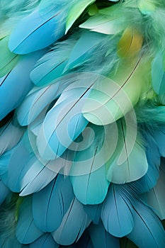 Turquoise feathers of a bird as a background. Close-up