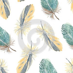 Turquoise feathers of a Guinea Fowl and semi-plume feathers of the Yellow Pine Grosbeak. Seamless pattern. Watercolor illustration