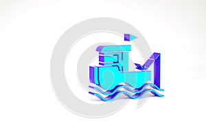 Turquoise Fishing boat with fishing rod on water icon isolated on white background. Minimalism concept. 3d illustration