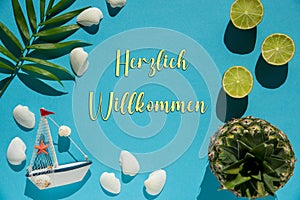 Turquoise Flat Lay, Boat, Shells, Pineapple, Herzlich Willkommen Means Welcome