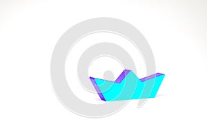 Turquoise Folded paper boat icon isolated on white background. Origami paper ship. Minimalism concept. 3d illustration