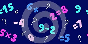 Turquoise and fuchsia numbers with arithmetic symbols on a dark blue background