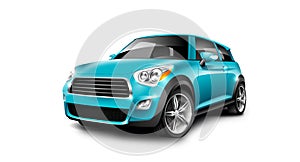 Turquoise Generic Compact Small Car On White Background With Isolated Path