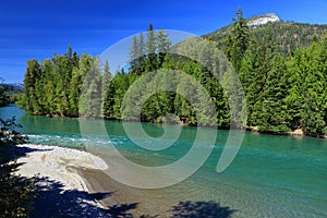 Turquoise Glacial Waters of the Kootenay River, North End of Kootenay Lake between the Selkirk and Purcell Mountains, BC, Canada