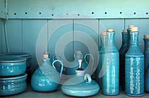 Turquoise glazed ceramic pitchers, Crete , Greece