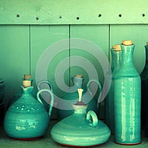 Turquoise glazed ceramic pitchers, Crete , Greece