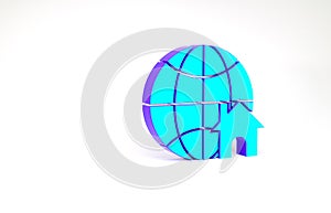 Turquoise Globe with house symbol icon isolated on white background. Real estate concept. Minimalism concept. 3d