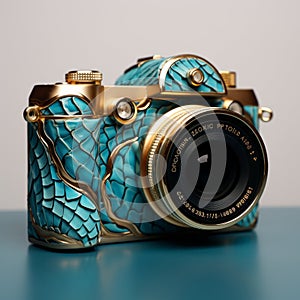 Turquoise And Gold Animal Skin Pattern Camera - Handcrafted Beauty