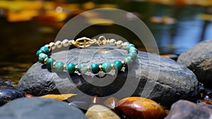 Turquoise And Gold Beaded Bracelet On Rocks - Nikon D750 Photo photo