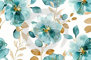 turquoise and gold floral pattern, white background, whimsical style, watercolor, high resolution photo