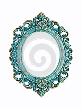 Turquoise gold gilded carved oval frame, isolated on white background
