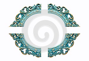 Turquoise gold gilded carved oval frame, isolated on white background