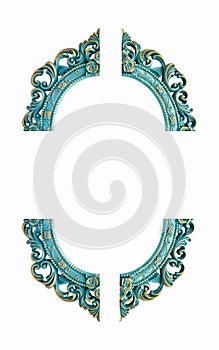 Turquoise gold gilded carved oval frame, isolated on white background