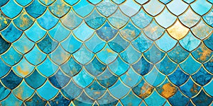 Turquoise and golden fish scale mosaic pattern tile wall background