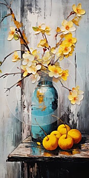 Turquoise And Gray: Oil Painting Of Vase With Yellow Flower And Apples