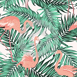 Turquoise green tropical leaves flamingo pattern