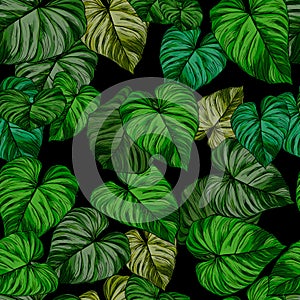 Turquoise and green tropical leaves. Seamless graphic design with amazing palms. Fashion, interior, wrapping, packaging suitable.