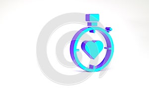 Turquoise Heart in the center stopwatch icon isolated on white background. Valentines day. Minimalism concept. 3d