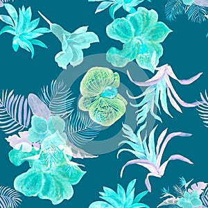 Turquoise Hibiscus Foliage. Mint Color Flower Textile. Green Watercolor Palm. Floral Wallpaper. Seamless Jungle. Pattern Backdrop.