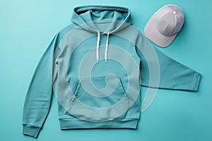 Turquoise hoodie and gray cap on a turquoise background. Top view, flat lay. Athleisure style photo