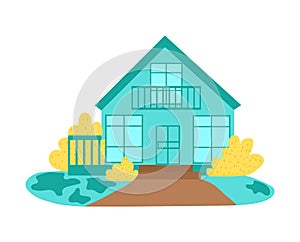 Turquoise house with balcony and bushes, front yard with fence and pathway, cartoon suburban home