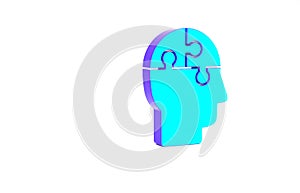 Turquoise Human head puzzles strategy icon isolated on white background. Thinking brain sign. Symbol work of brain