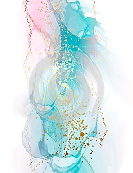 Turquoise ink pouring art, epoxy resin art pink blue with gold flow, home decor poster in vector . Abstract background wallapper