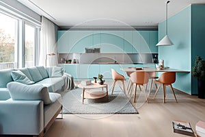 Turquoise kitchen in studio apartment. Interior design of modern living room. Created with generative AI