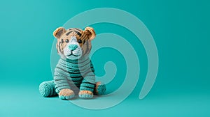 Turquoise Knitted Tiger Toy On A Vibrant Background