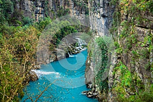 Turquoise Koprucay river landscape from Koprulu Canyon National Park in Manavgat, Antalya, Turkey