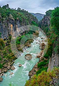 Turquoise Koprucay river landscape from Koprulu Canyon National Park in Manavgat, Antalya, Turkey