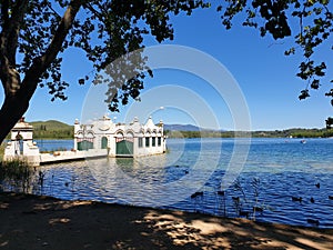 Turquoise lake Banyoles with boats, Spain