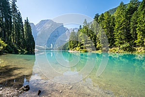 Turquoise lake Braies in the heart of the Dolomites, Italy