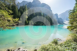 Turquoise lake Braies in the heart of the Dolomites, Italy