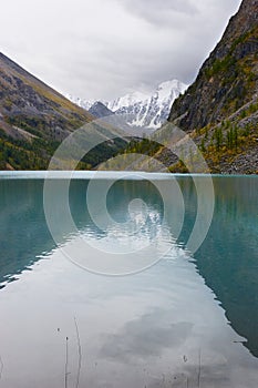 Turquoise lake and mountains.