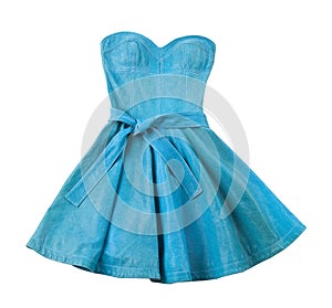 Turquoise leather evase strapless belted dress photo