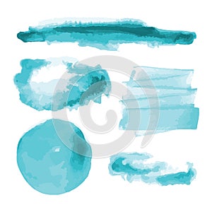 Turquoise, light blue watercolor shapes, splotches, stains, paint brush strokes. Abstract watercolor texture backgrounds set.