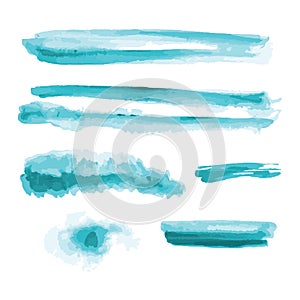 Turquoise, light blue watercolor shapes, splotches, stains, paint brush strokes. Abstract watercolor texture backgrounds set.