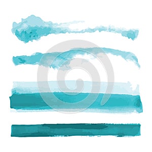 Turquoise, light blue watercolor shapes, splotches, stains, paint brush strokes. Abstract watercolor texture backgrounds set.